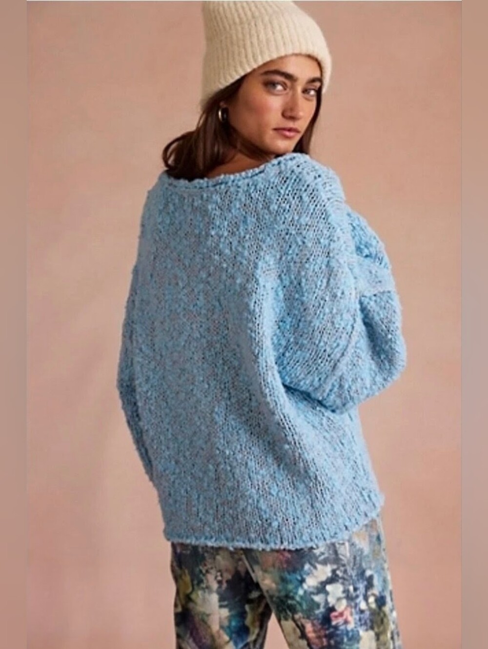 NWT Free People Firefly Pullover Light Blue Bouclé Open Knit Scoop Neck Sweater - Picture 2 of 12